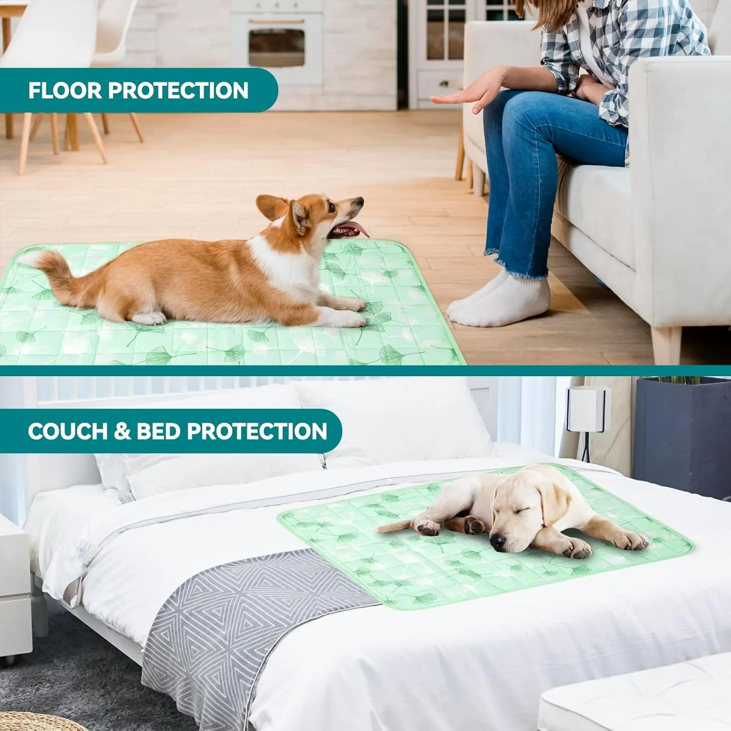 Pet Cooling Mat for Dogs & Cats - Qmax 0.4 Waterproof Cooling Pad, Summer Heat Relief Mat with Japanese Polyester Tech, 3 Sizes Indoor/Outdoor Use (19.5 * 27.5, Green Ginkgo Leaves)