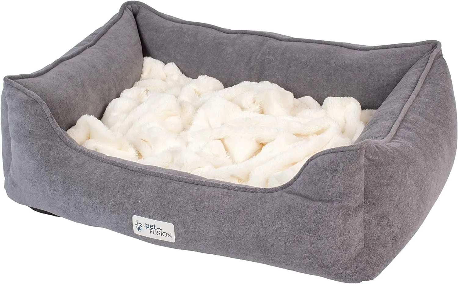 PetFusion Calming Cuddler Dog & Cat Bed | Anti-Anxiety Dog Bed for Medium Dogs & Cats | Loose Blanket Promotes Burrowing (Dogs) & Kneading (Cats) | CertiPUR-US Memory Foam | Grey/Ivory