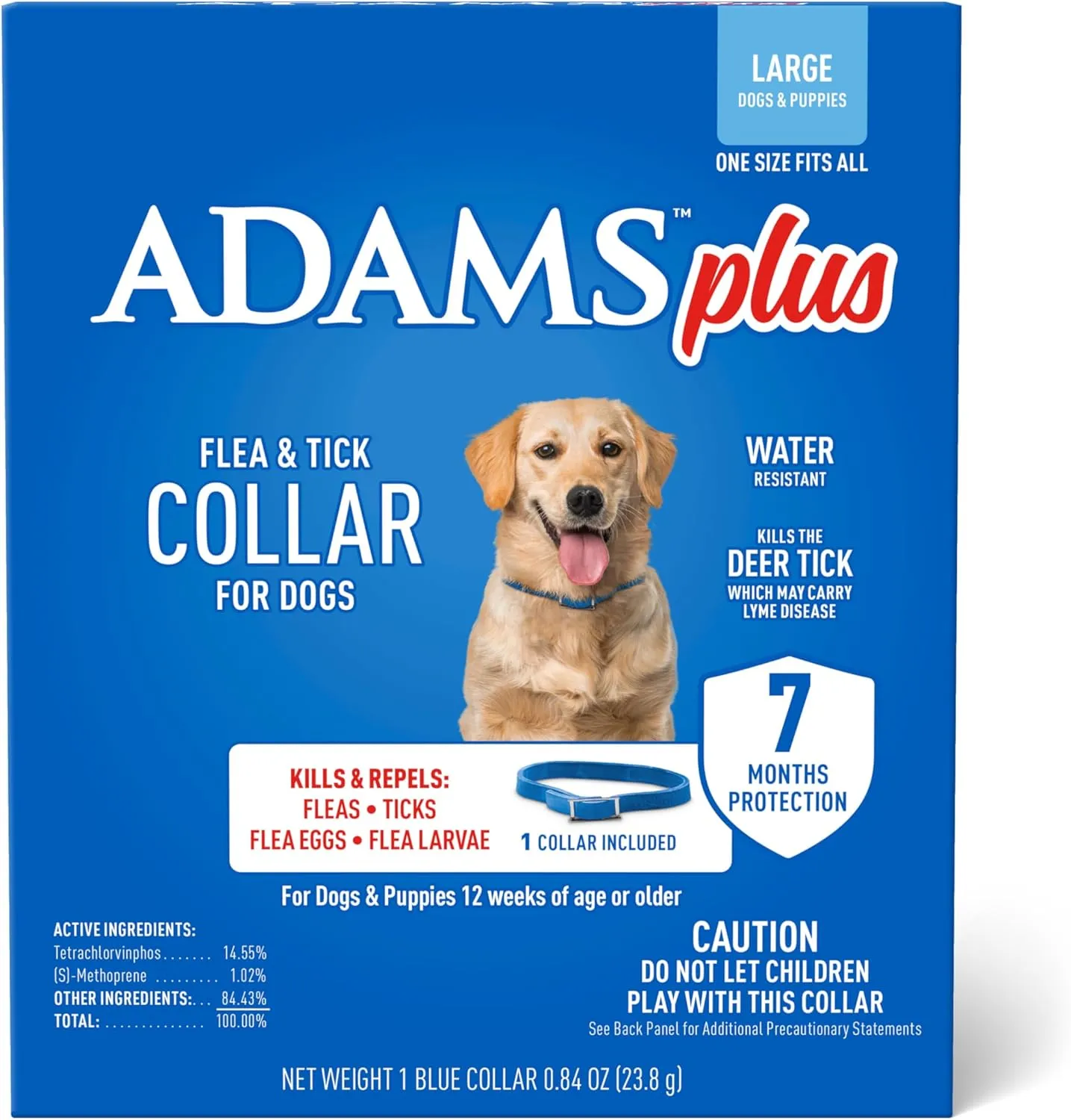 Plus Flea & Tick Collar for Dogs, 7-Month Protection, Adjustable Collar Fits Large Dogs & Puppies, Kills & Repels Fleas, Flea Eggs, Flea Larvae and Ticks, Kills Tick Larvae and Tick Nymphs, Blue