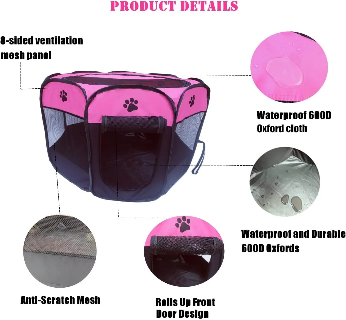 Portable Pet Playpen for Small Cat Dog Puppy Rabbit,Cat Kitten Playpen Indoor Outdoor with Carrying Case,Waterproof Bottom and Removable Zipper Top (S(28.7" x 28.7" x 16"), Rose)