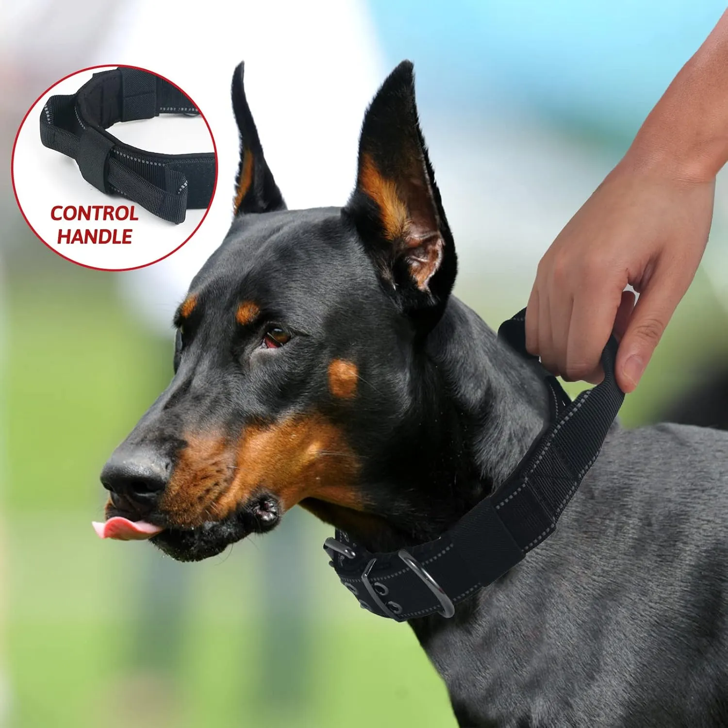Reflective Dog Collar Heavy Duty Tactical with Control Handle and Metal Buckle for Dog Training(Large, Black)