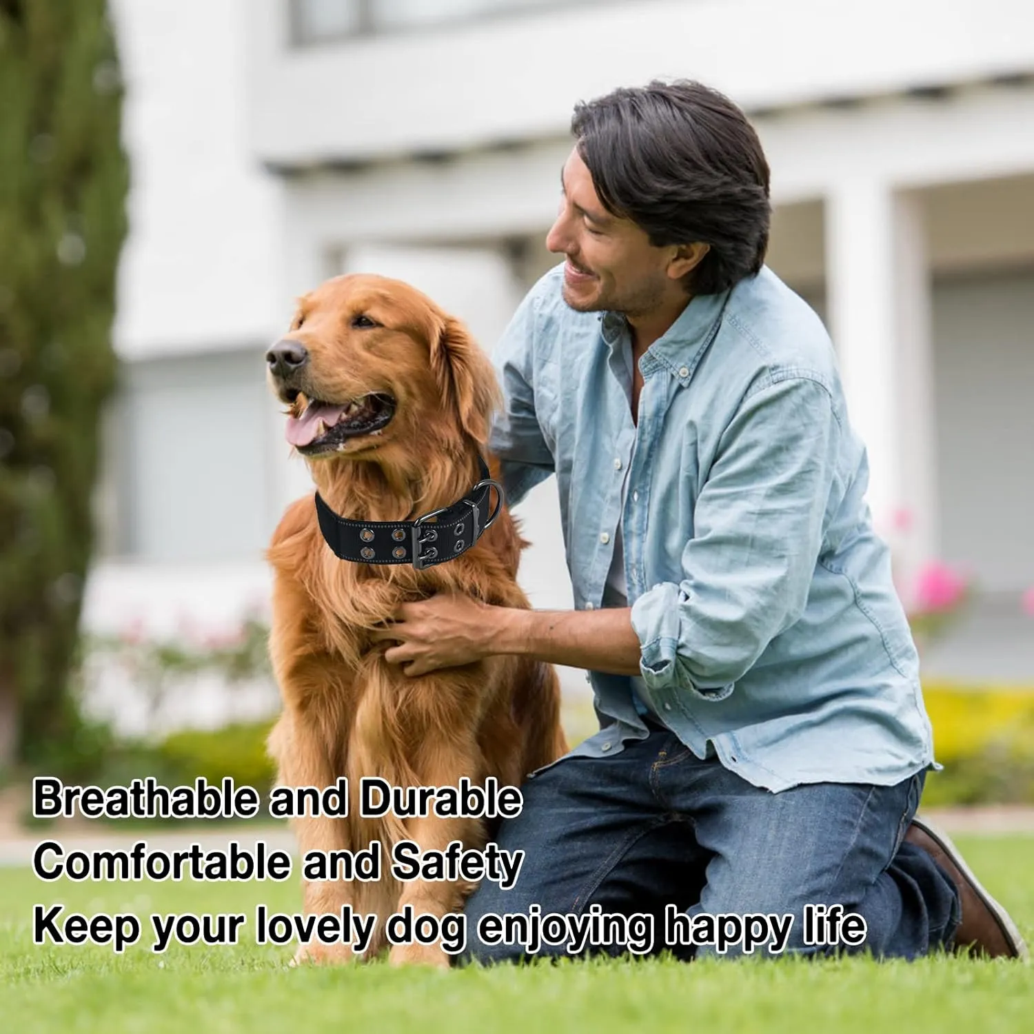 Reflective Dog Collar Heavy Duty Tactical with Control Handle and Metal Buckle for Dog Training(Large, Black)