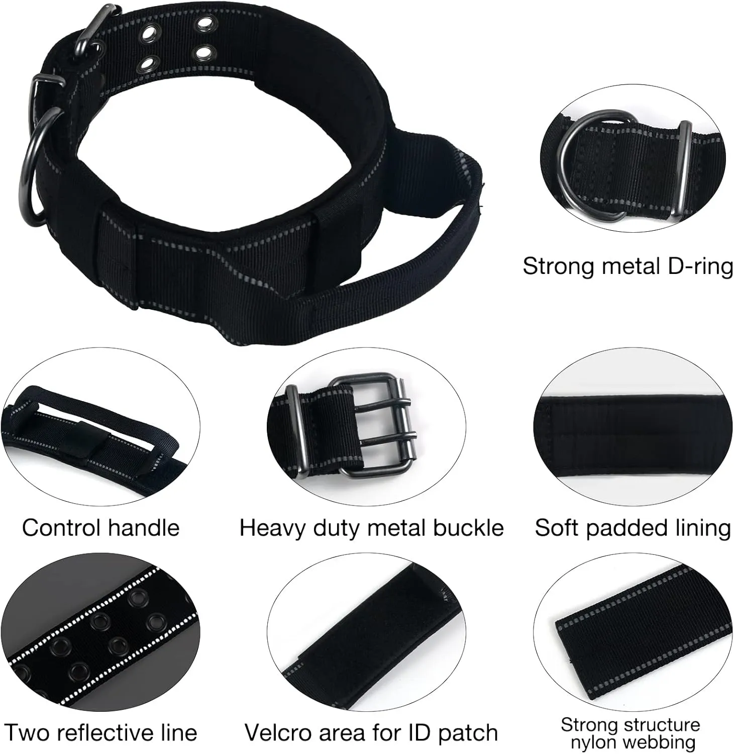 Reflective Dog Collar Heavy Duty Tactical with Control Handle and Metal Buckle for Dog Training(Large, Black)