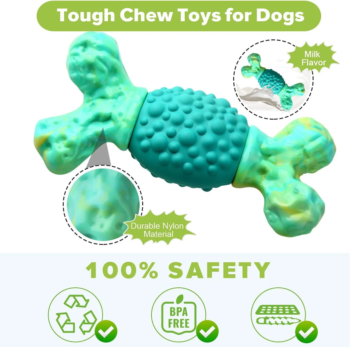 Rensh Tough Dog Chew Toys for Medium and Large Breeds, Sturdy Dog Toys for Aggressive Chewers, Nearly Indestructible Bones Toy for Super Chewers Long Lasting, Teeth Cleaning & Milk Flavored Green