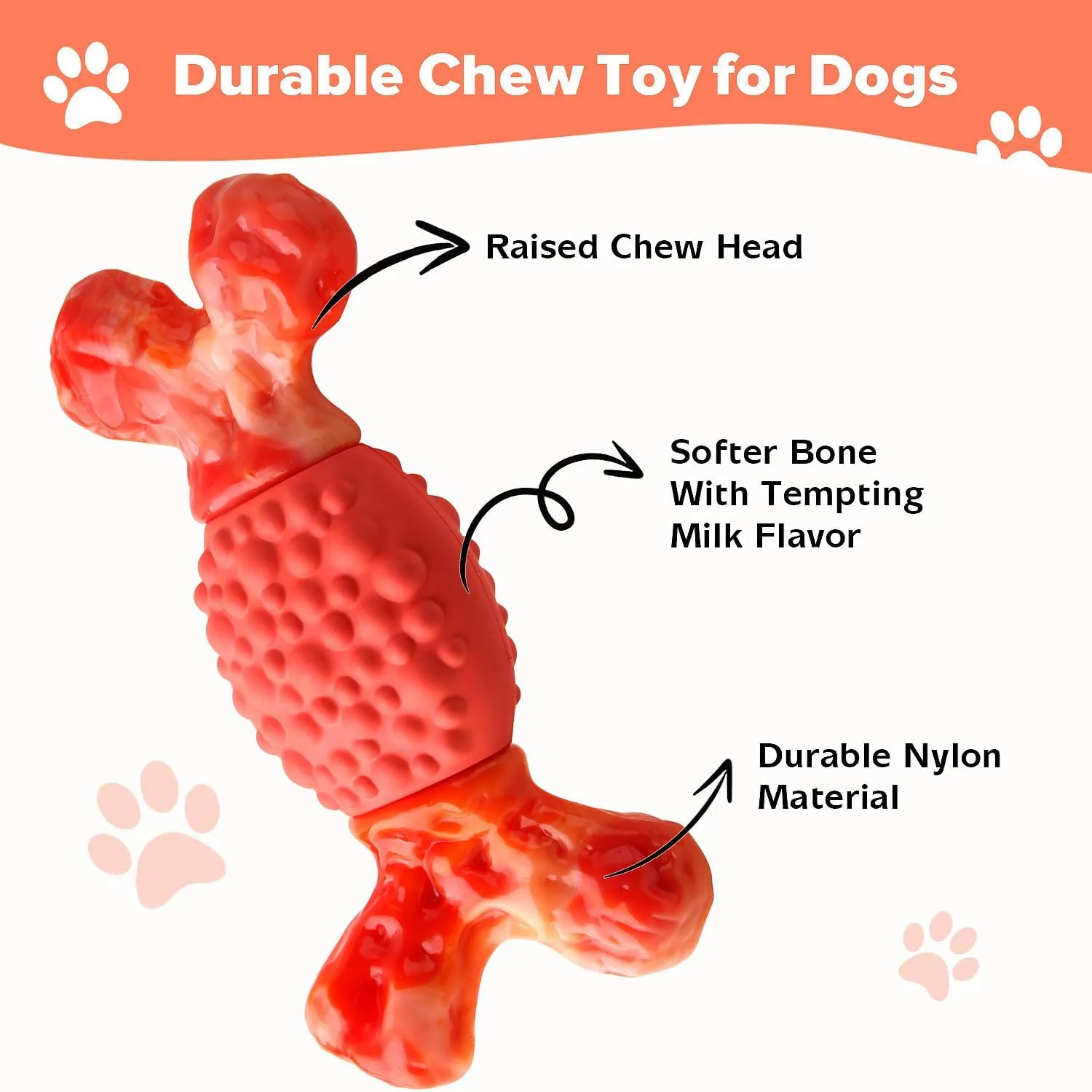 Rensh Tough Dog Chew Toys for Medium and Large Breeds, Sturdy Dog Toys for Aggressive Chewers, Nearly Indestructible Bones Toy for Super Chewers Long Lasting, Teeth Cleaning & Milk Flavored (Orang)