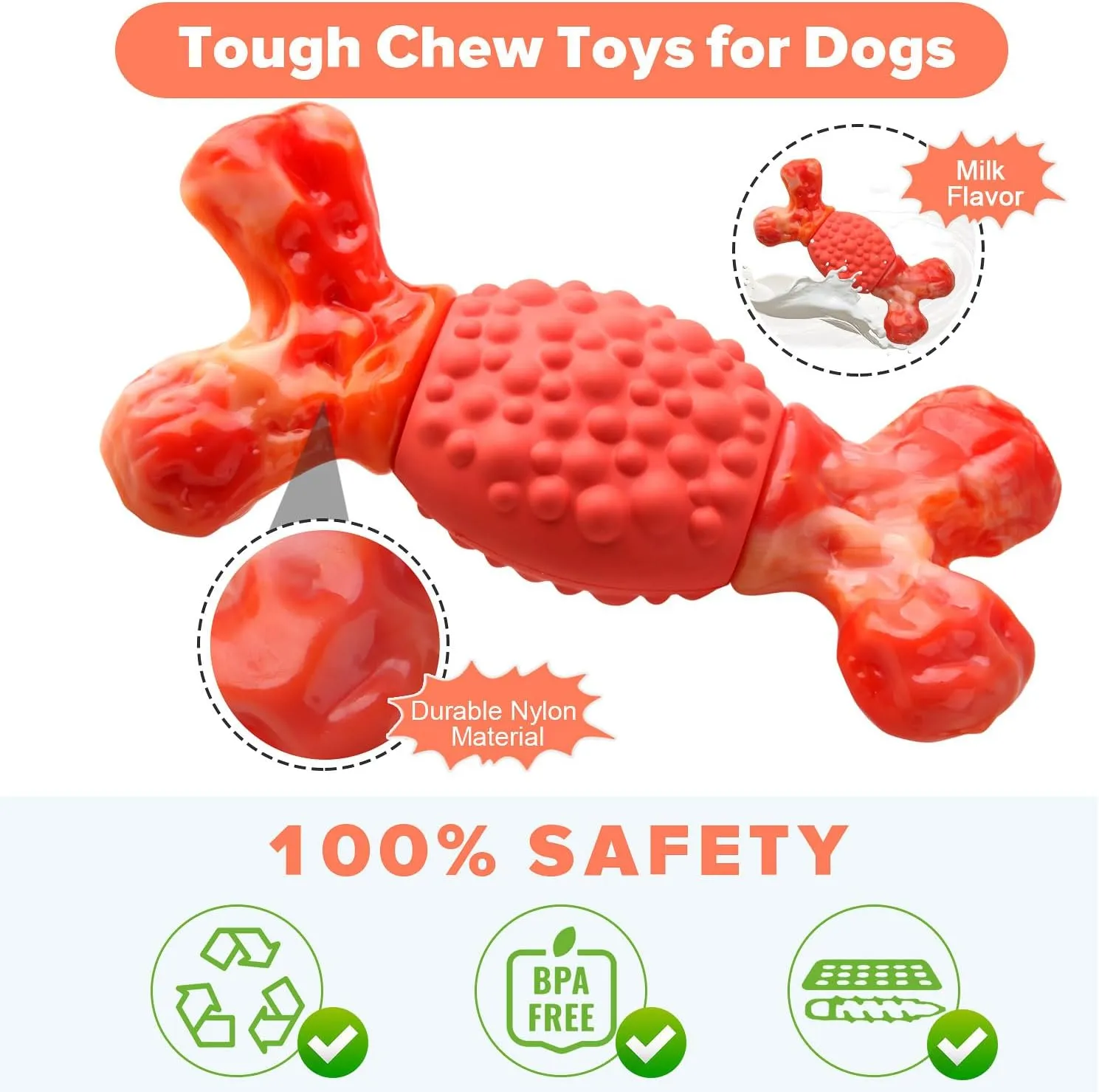 Rensh Tough Dog Chew Toys for Medium and Large Breeds, Sturdy Dog Toys for Aggressive Chewers, Nearly Indestructible Bones Toy for Super Chewers Long Lasting, Teeth Cleaning & Milk Flavored (Orang)