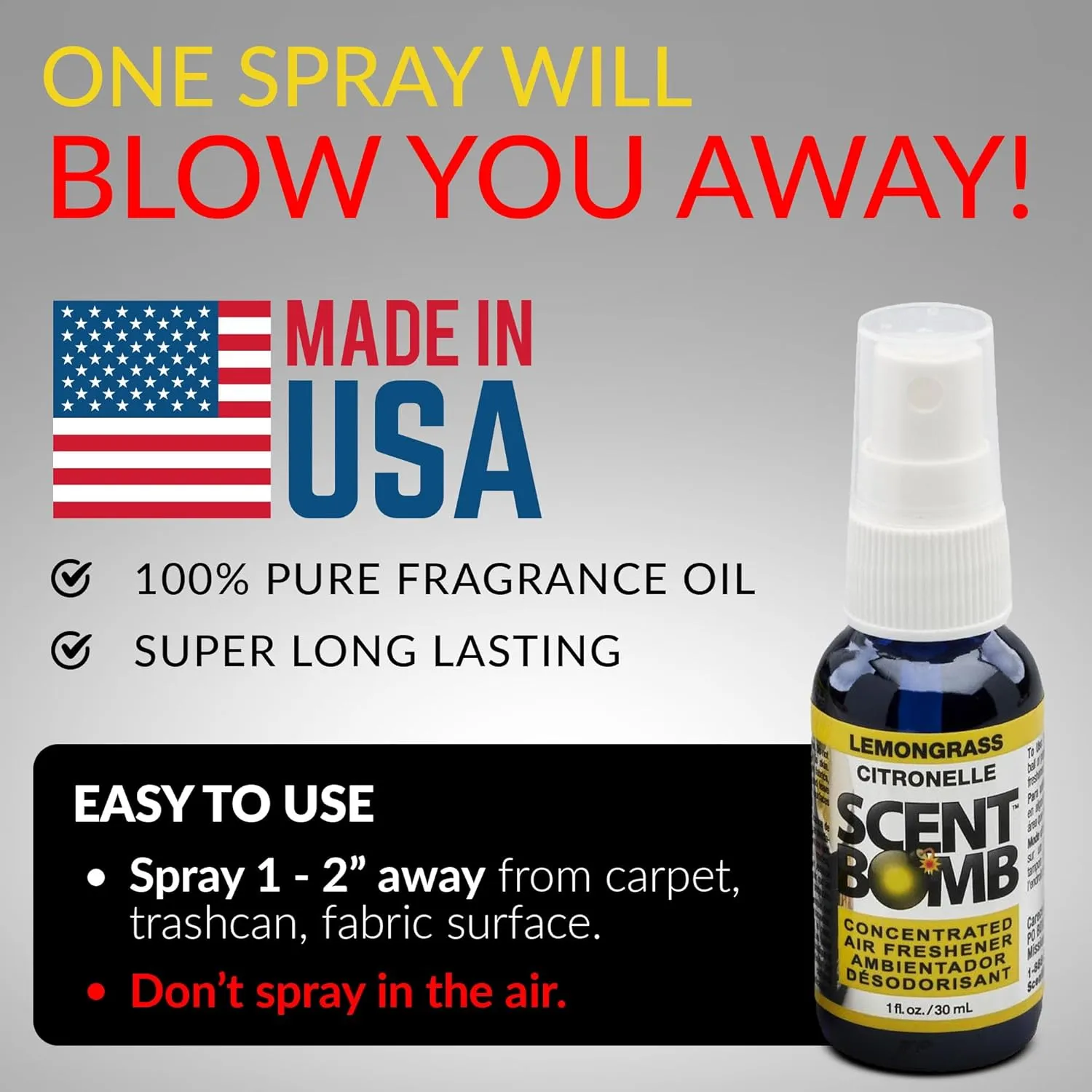 Scent Bomb Air Freshener Spray, Long-Lasting Odor Eliminator - Effective Deodorizer for Home & Car, Fresh Room Spray for Kitchen, Bathroom & Smell Neutralizer - 1 oz Pack of 4, Lemongrass Scent