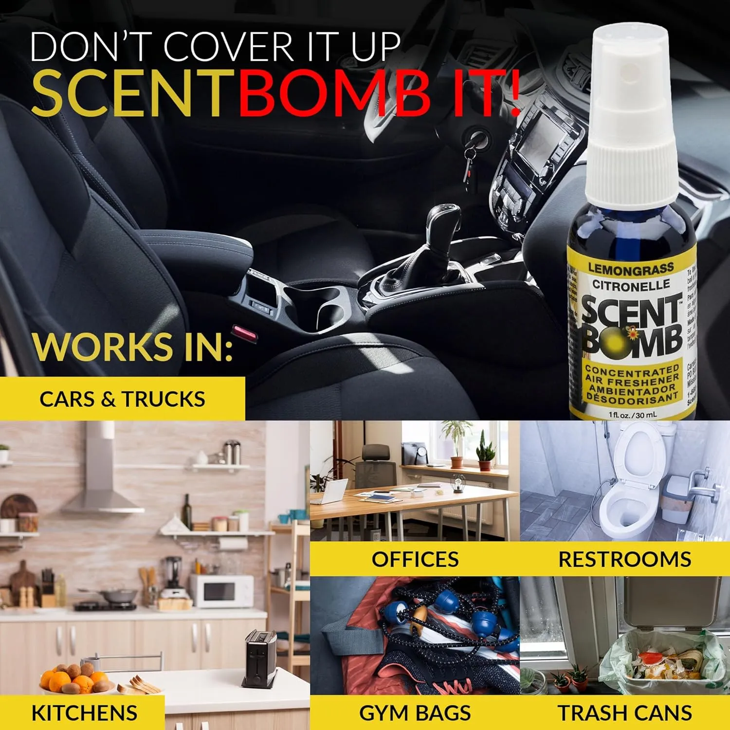 Scent Bomb Air Freshener Spray, Long-Lasting Odor Eliminator - Effective Deodorizer for Home & Car, Fresh Room Spray for Kitchen, Bathroom & Smell Neutralizer - 1 oz Pack of 4, Lemongrass Scent