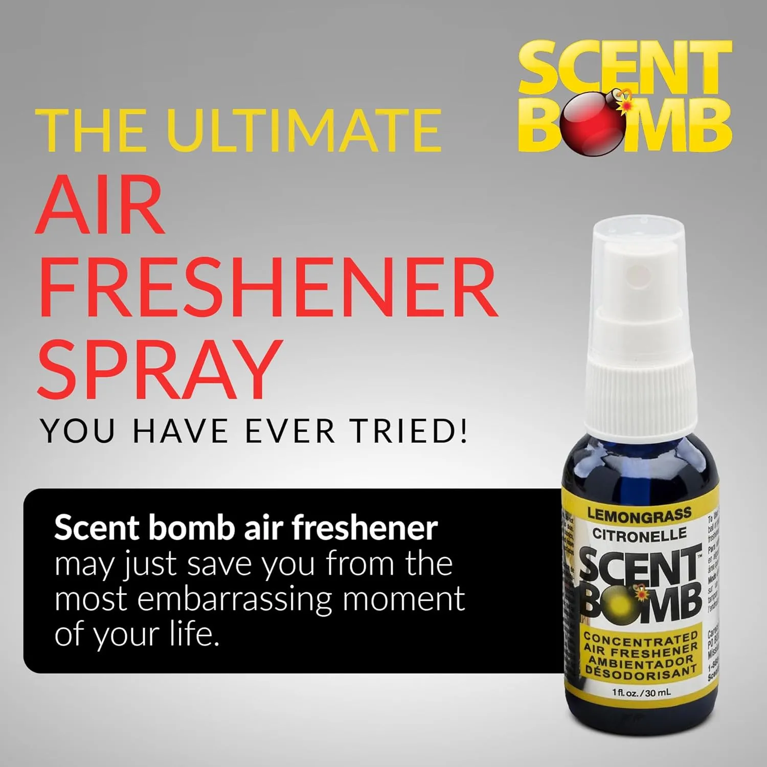 Scent Bomb Air Freshener Spray, Long-Lasting Odor Eliminator - Effective Deodorizer for Home & Car, Fresh Room Spray for Kitchen, Bathroom & Smell Neutralizer - 1 oz Pack of 4, Lemongrass Scent