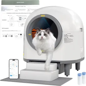 Self-Cleaning Litter Box for Multiple Cats, 100L Large Automatic Cat Litter Box with APP Control, Odor Control Trap Mat & Ramp, Smart Litter Robot (White)
