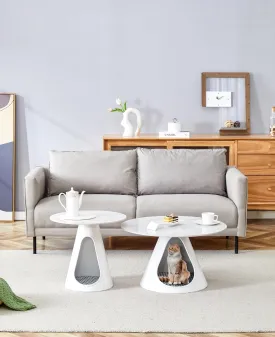 Set of 2 Round Coffee Tables with Marble-Look Top and Cat Beds, Stylish Steel Base