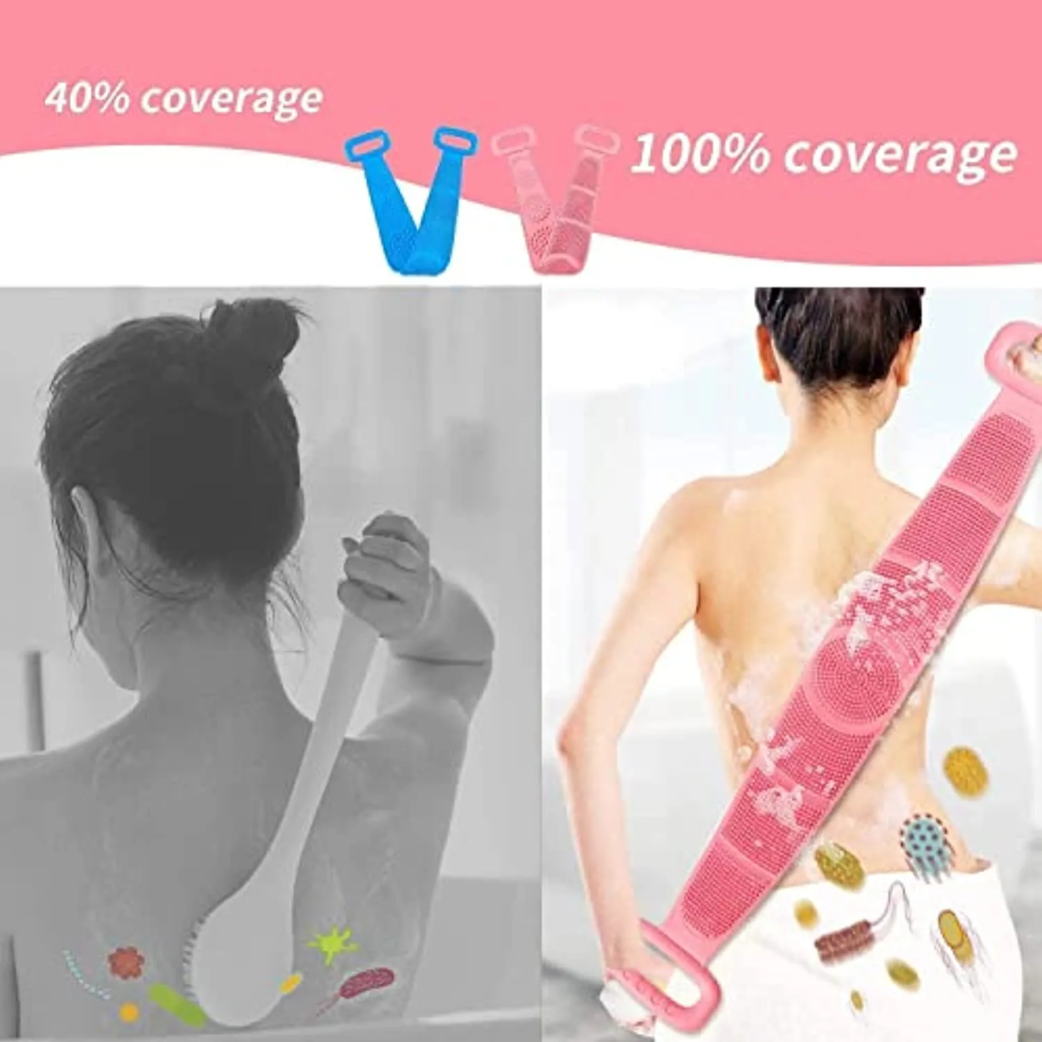 Silicone Back Scrubber Belt (80cm) – Extra Long-Double-Sided Bath Scrub Strap Gently Massages and Exfoliates Skin (80CM)