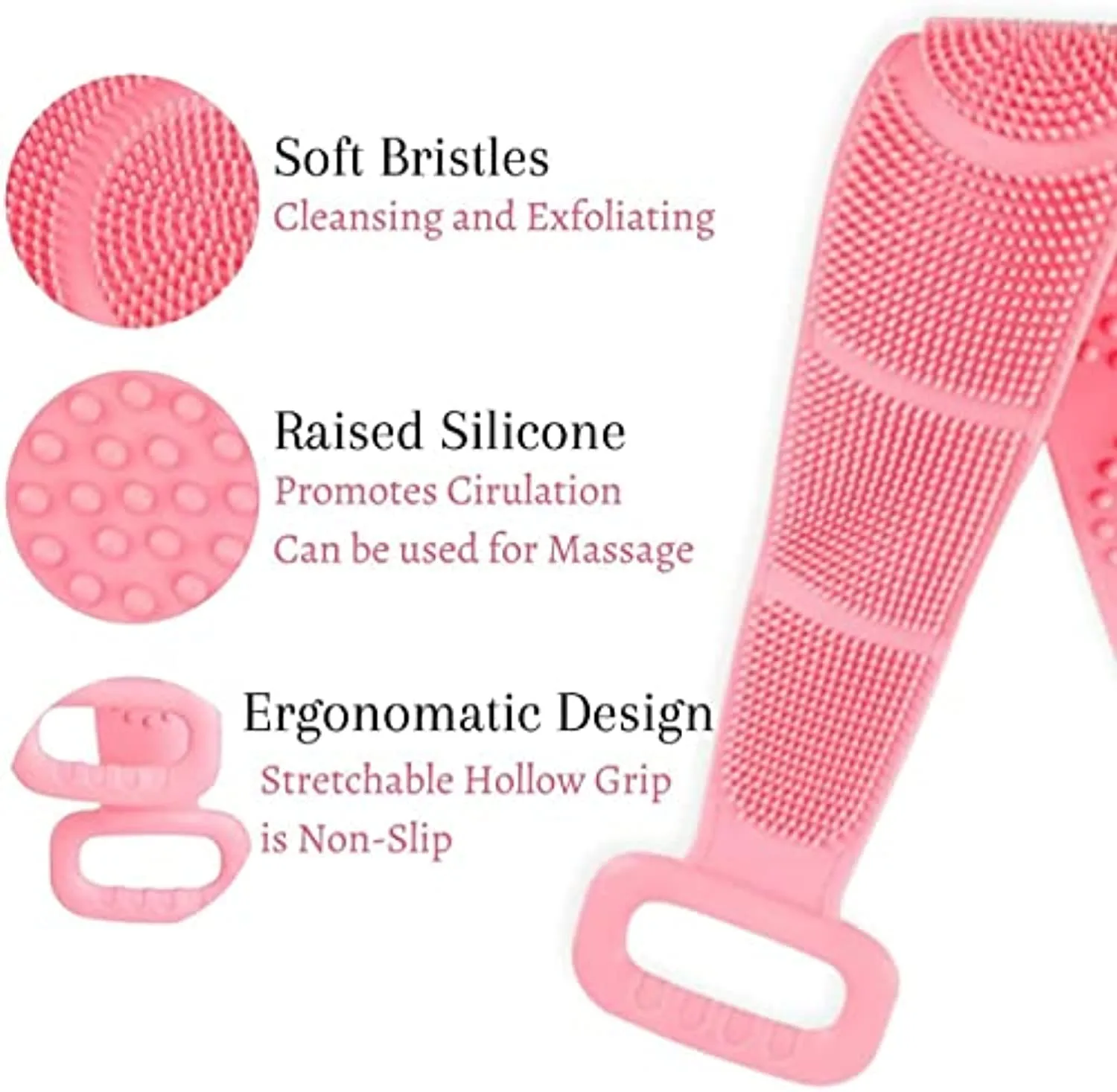 Silicone Back Scrubber Belt (80cm) – Extra Long-Double-Sided Bath Scrub Strap Gently Massages and Exfoliates Skin (80CM)