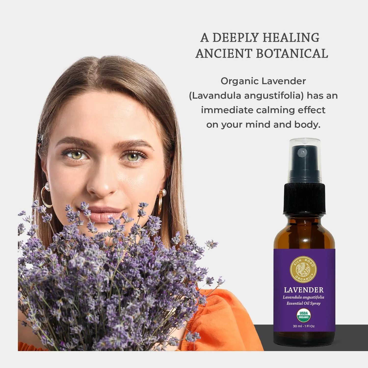 Silk Road Organic Lavender Essential Oil Spray, Lavandula Angustifolia, 100% Pure USDA Certified Aromatherapy for Calming, Relaxation & Skin  1 oz Spray - Always Pure, Always Organic