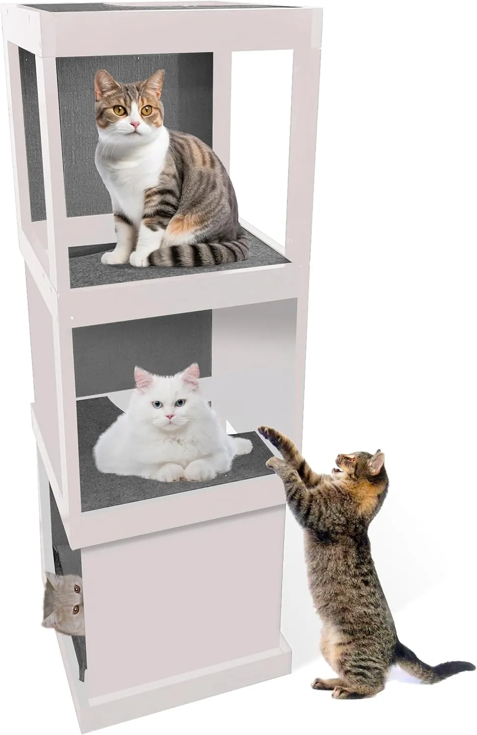 Skywin Modern Cat Tower Scratching Post White/Grey - Climbing Tower Great for Stand, House, or Scratcher - Unique Tree with Sisal Scratch Pads & Soft Felt Pads