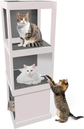 Skywin Modern Cat Tower Scratching Post White/Grey - Climbing Tower Great for Stand, House, or Scratcher - Unique Tree with Sisal Scratch Pads & Soft Felt Pads