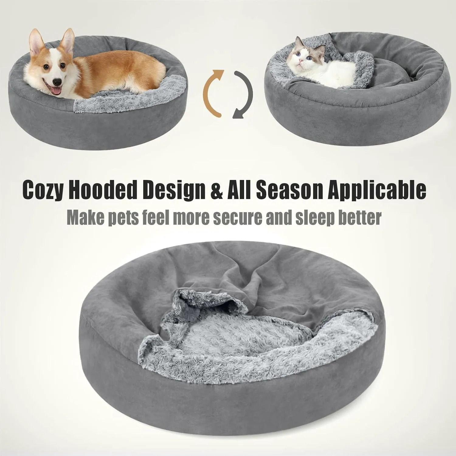 Small Dog Bed with Hooded Blanket - Washable Puppy Bed with Cover, Cozy Cave Dog Bed for Small Dog Cat, Donut Pet Bed with with Non-Slip Bottom (Grey, Small)