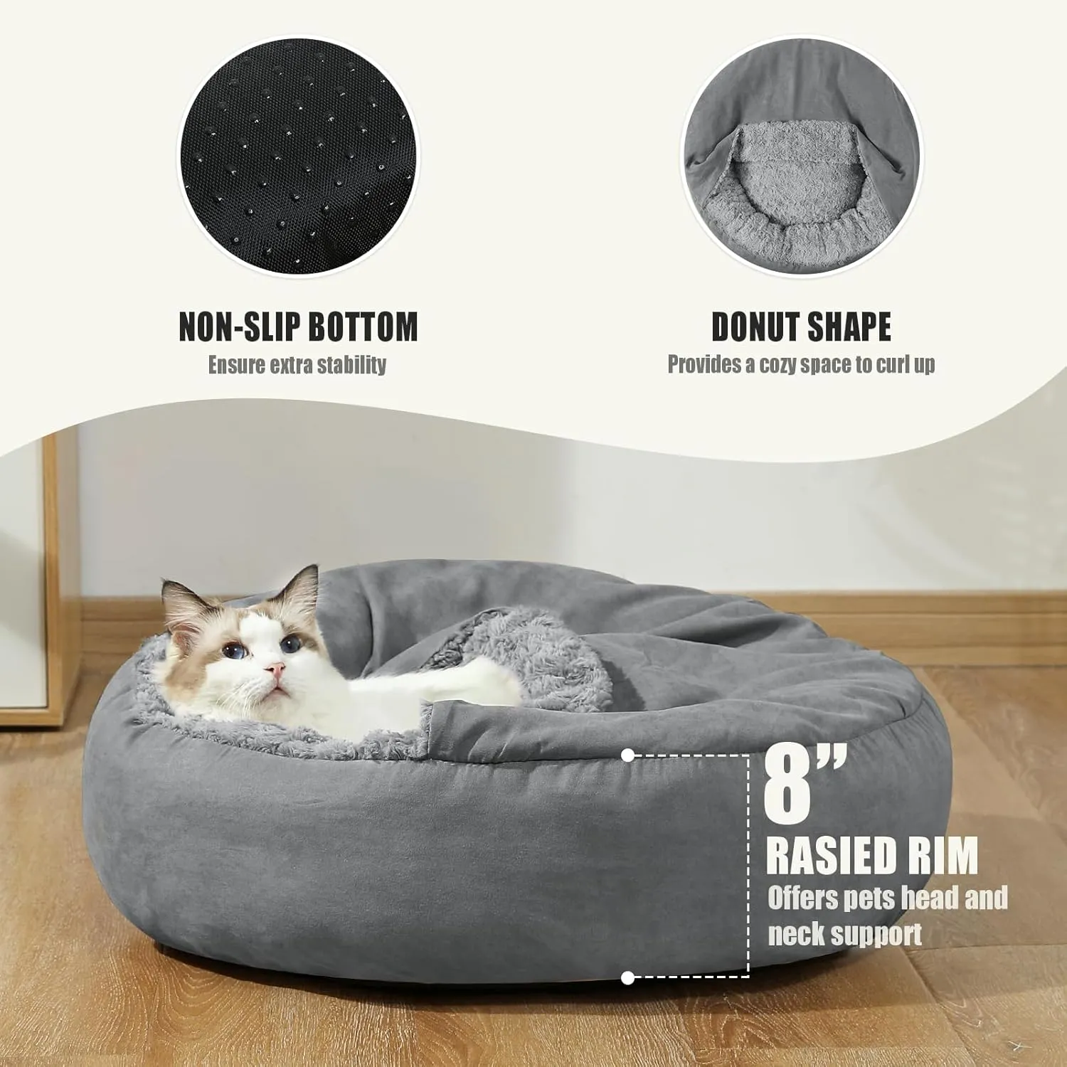 Small Dog Bed with Hooded Blanket - Washable Puppy Bed with Cover, Cozy Cave Dog Bed for Small Dog Cat, Donut Pet Bed with with Non-Slip Bottom (Grey, Small)