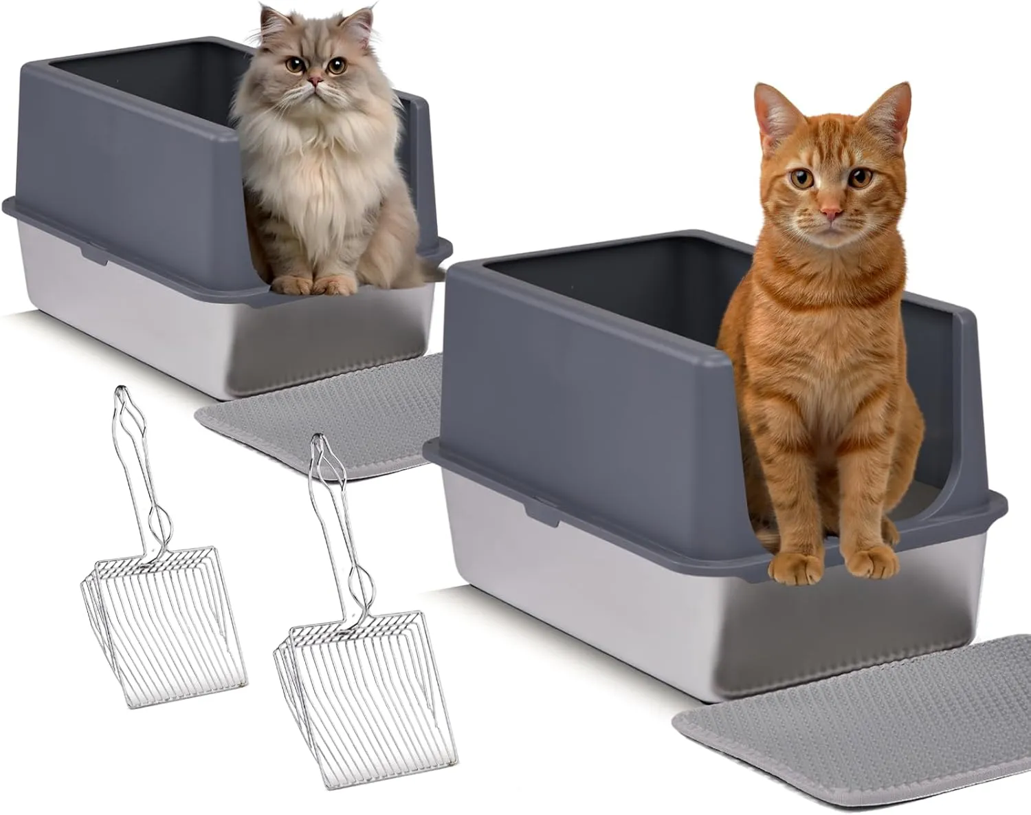 Stainless Steel Cat Litter Box,2 Pack XL Stainless Steel Cat Litter Box with Lid, Extra Large Litter Pan with High Sides, Easy Cleaning, Include Double Layer Litter Mat and Scoop, Gray