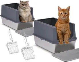 Stainless Steel Cat Litter Box,2 Pack XL Stainless Steel Cat Litter Box with Lid, Extra Large Litter Pan with High Sides, Easy Cleaning, Include Double Layer Litter Mat and Scoop, Gray