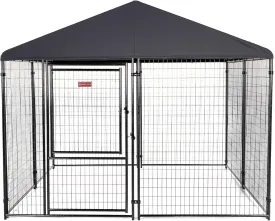 Stay Series 10 by 10 by 6 Foot Presidential Large Outdoor Dog Kennel Secure Steel Frame with Waterproof Canopy Roof and Gate Door, Gray
