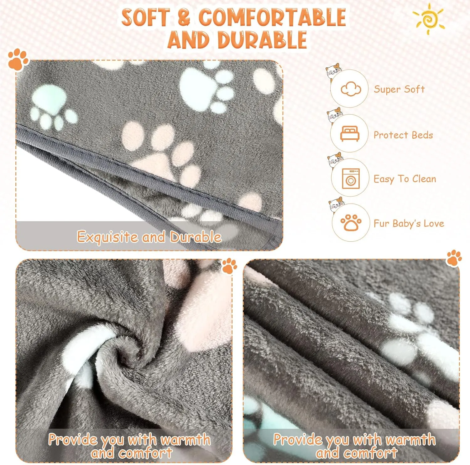 Tatuo 4 Pcs Dog Blanket for Pet Puppy Teething Toys Paw Print Fleece Blanket for Pet Cat Soft Warm Sleep Mat Guinea Pig Cage Mat(Small(24 x 16 Inch),Dark Gray)