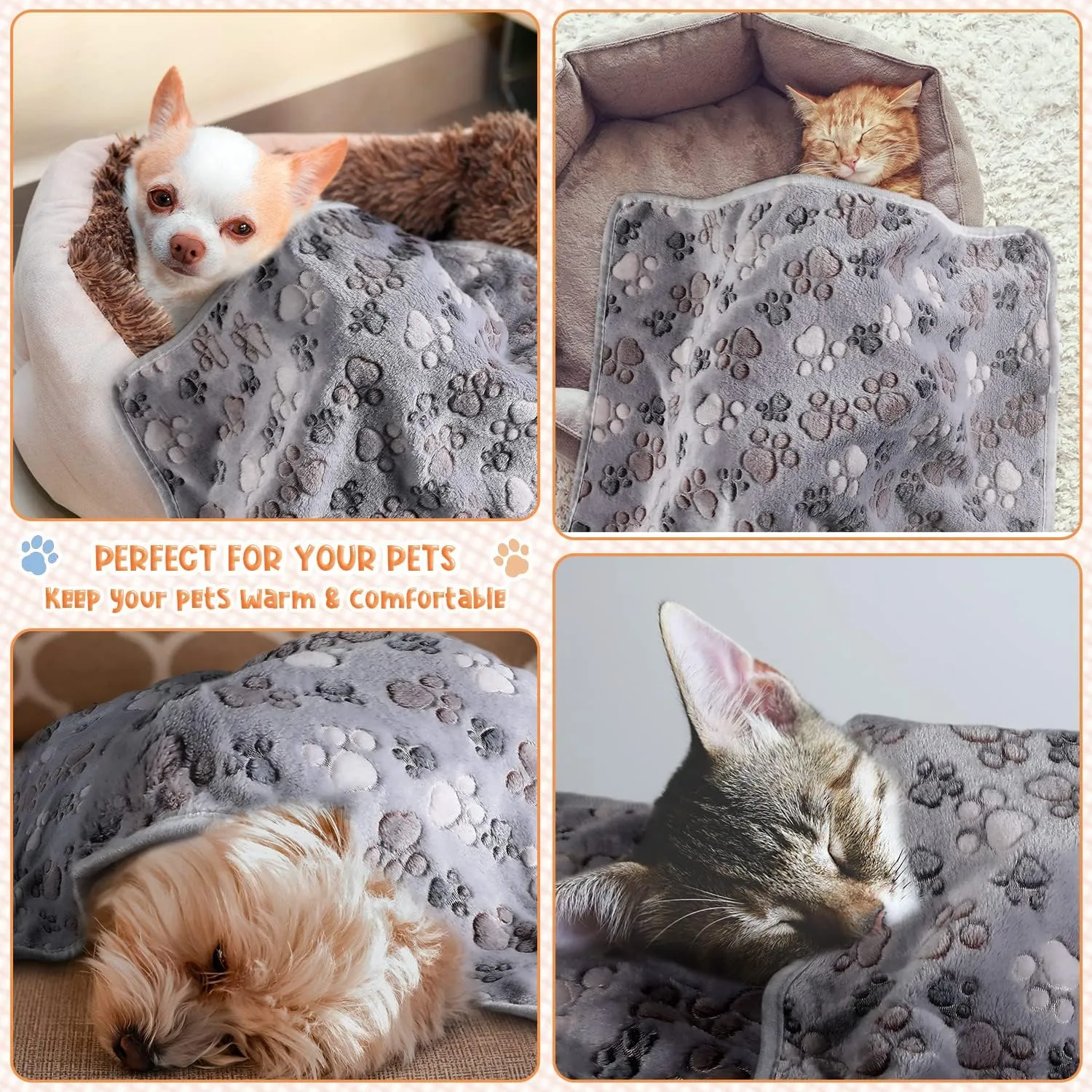 Tatuo 4 Pcs Dog Blanket for Pet Puppy Teething Toys Paw Print Fleece Blanket for Pet Cat Soft Warm Sleep Mat Guinea Pig Cage Mat(Small(24 x 16 Inch),Gray)