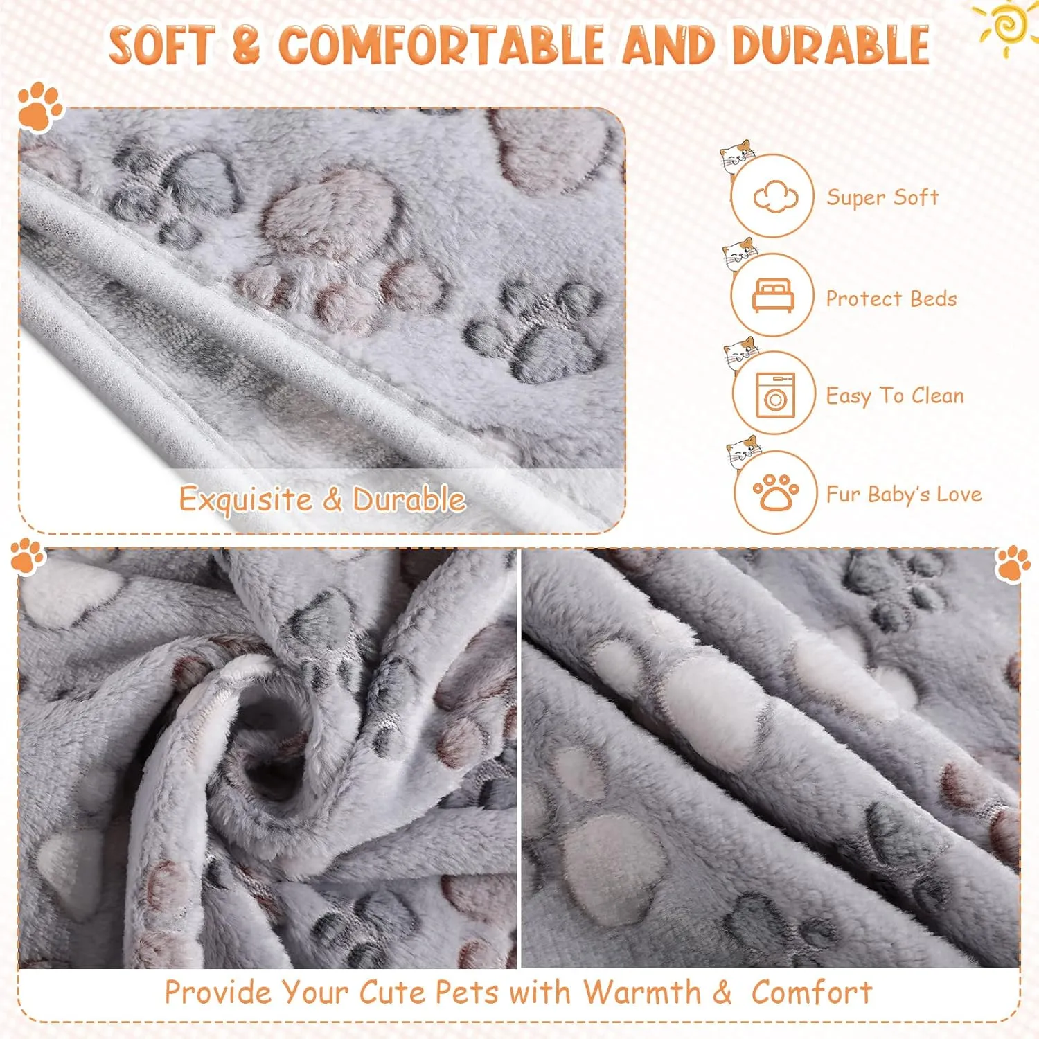 Tatuo 4 Pcs Dog Blanket for Pet Puppy Teething Toys Paw Print Fleece Blanket for Pet Cat Soft Warm Sleep Mat Guinea Pig Cage Mat(Small(24 x 16 Inch),Gray)