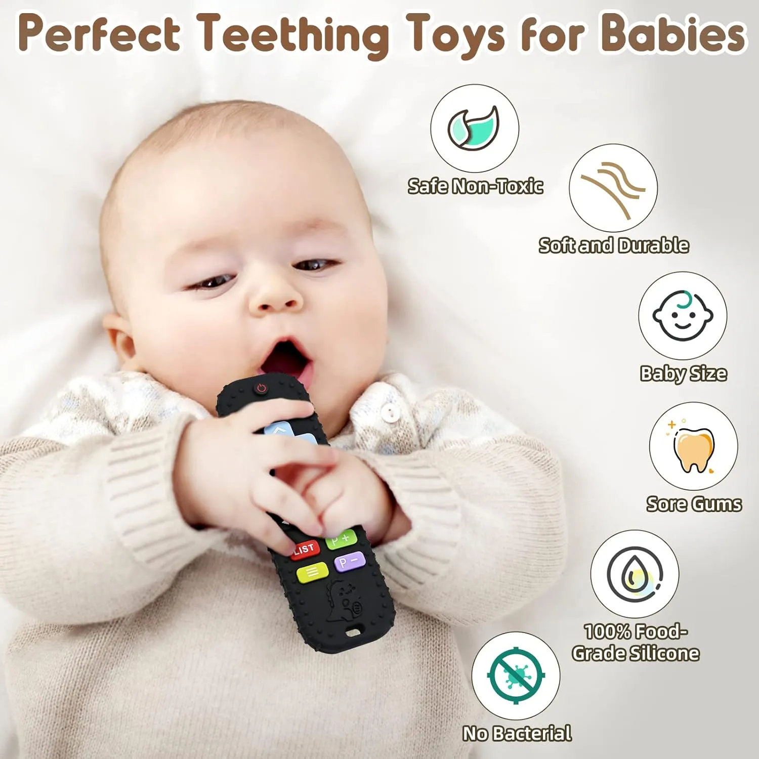 Teething Relief Teethers Toys for Babies 3-6 12 Months Gifts, Silicone Remote Control Baby Teether Bath Toys for Newborn Infant Boy Girl Autism Essentials, Food Grade Silicone Sensory Toys, Black