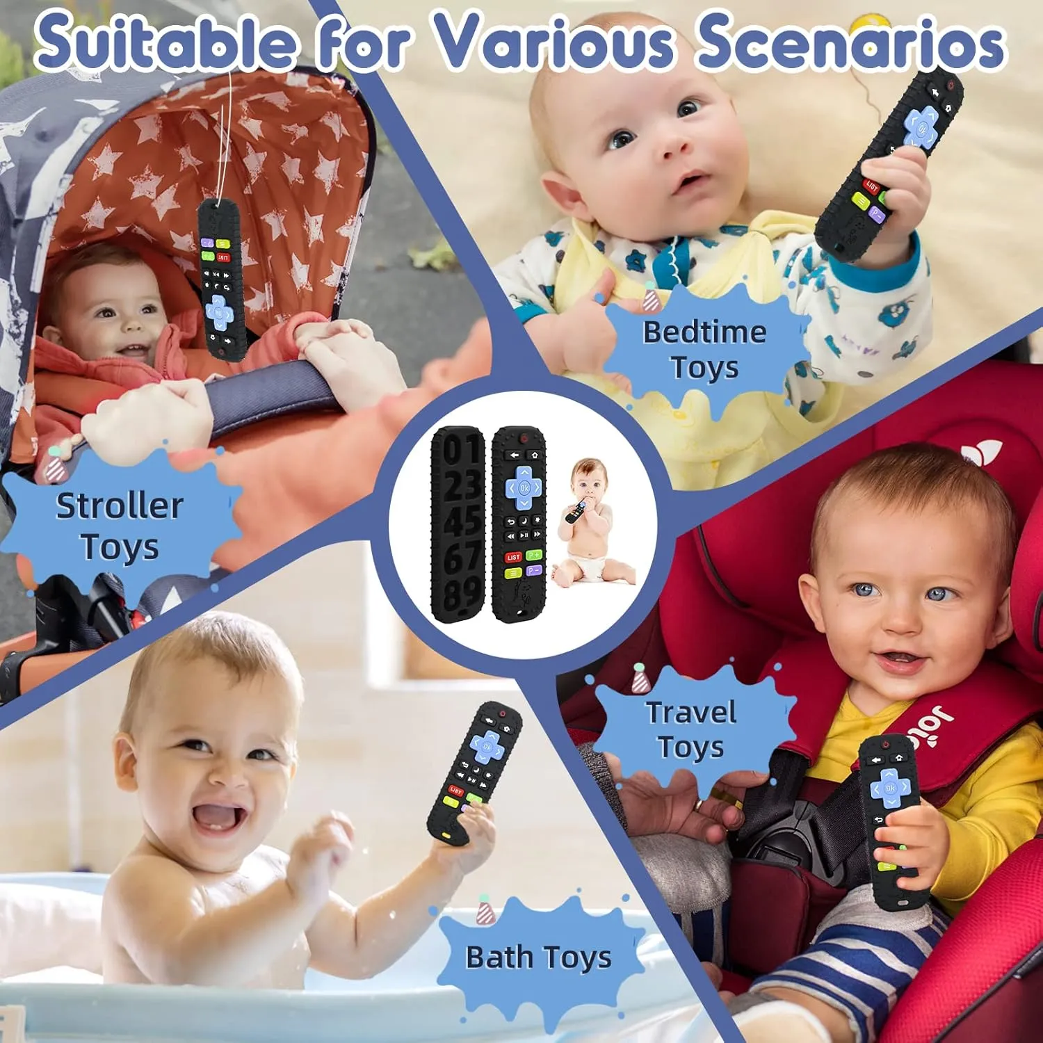 Teething Relief Teethers Toys for Babies 3-6 12 Months Gifts, Silicone Remote Control Baby Teether Bath Toys for Newborn Infant Boy Girl Autism Essentials, Food Grade Silicone Sensory Toys, Black