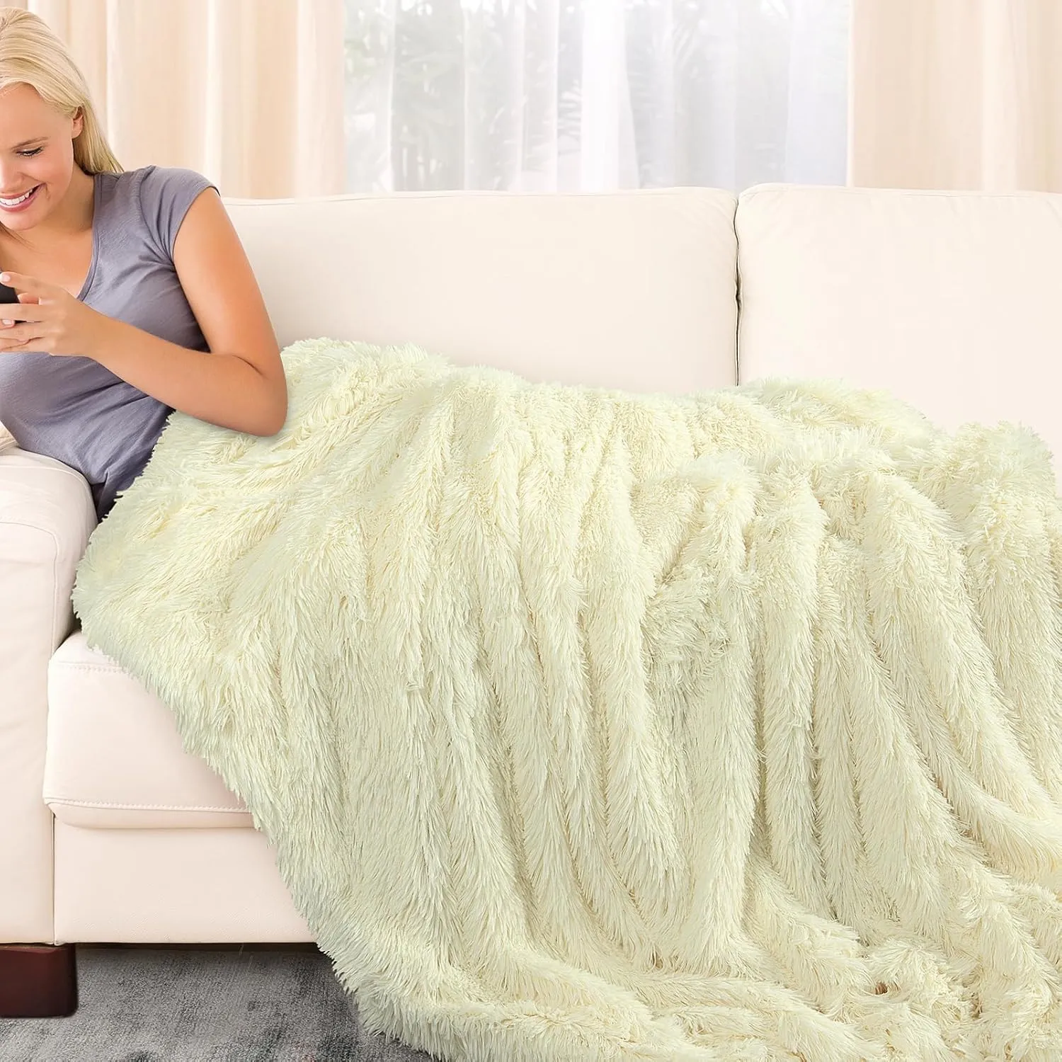 TOONOW Extra Fuzzy Faux Fur Blanket Twin Size 70"x78", Reversible Lightweight Plush Fuzzy Cozy Soft Blankets and Throws for Couch Sofa Bed, Decorative Fluffy Plush Comfy Blanket, Barlett Pear