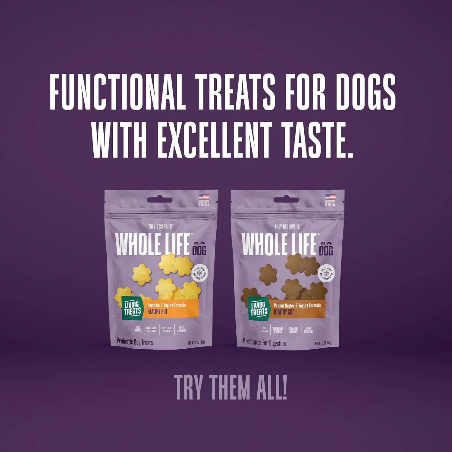 Whole Life Dog Living Treats for Dogs  Human Grade Probiotics for Digestive & Gut Health, Gas, Diarrhea, Vomit & Constipation Relief, Health Supplies - Peanut Butter, 12 oz (Pack of 1)