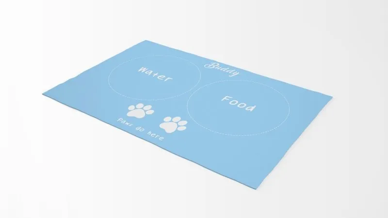 Yoosh Pet Food Floor Mat - Paws Go Here- Light Blue - Personalised Name