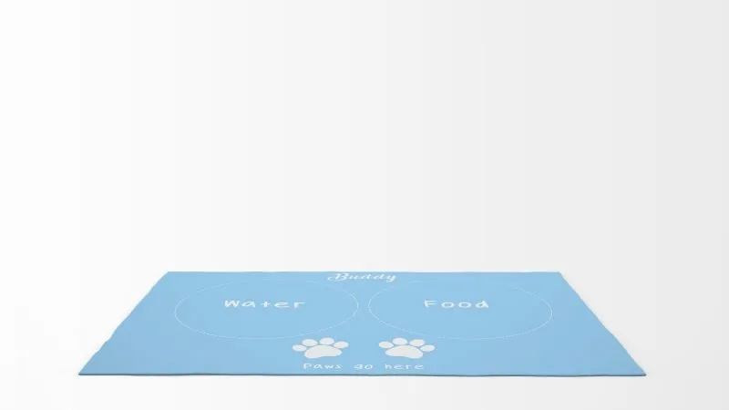 Yoosh Pet Food Floor Mat - Paws Go Here- Light Blue - Personalised Name